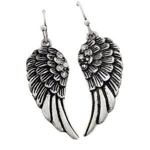 Silver Textured Coquette Rhinestone Angel Wing Bling Faith Dangle BOHO Earrings